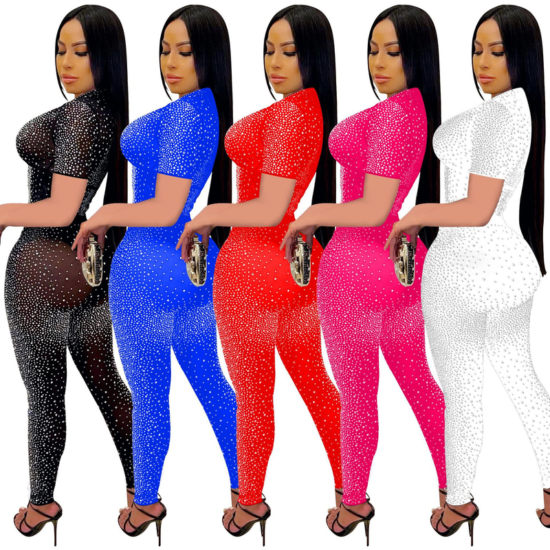 Set di due pezzi di pantaloni a maniche corte da donna in rete tinta unita con diamanti caldi_voghion.com
