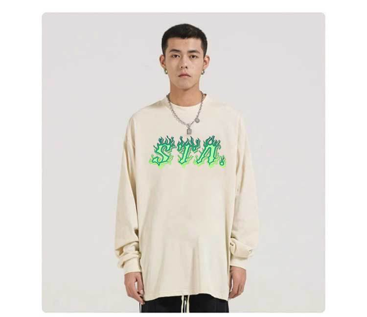 T-shirt a maniche lunghe del marchio di moda nazionale con design a fiamma STA da uomo per uomo e donna, coppia top in puro cotone pesante con scollo tondo_voghion.com