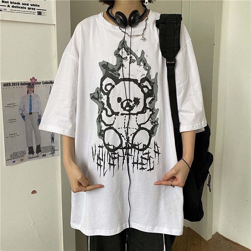 Men's Clothing summer new fashion brand pure cotton bear cartoon print men's Korean loose short sleeved T shirt men's couple wear_voghion.com