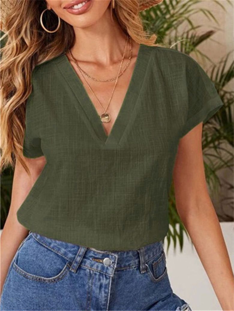 Roupas femininas Nova cor sólida algodão e linho solto manga curta gola V camisa de manga curta_voghion.com