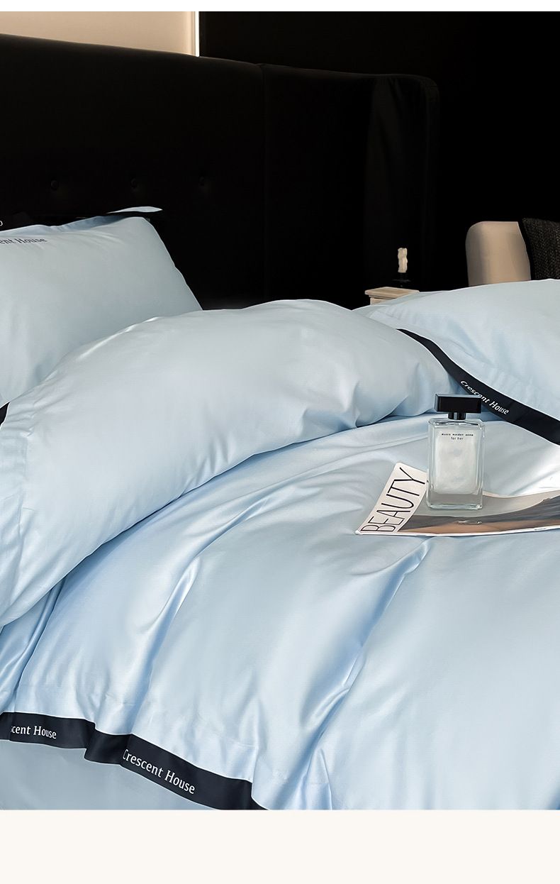 Parure de lit en soie lavée - Détails d'angle brodés à la main et soie glacée rafraîchissante (ensemble 4 pièces, drap-housse, housse de couette et taies d'oreiller, taille Queen/King)_voghion.com