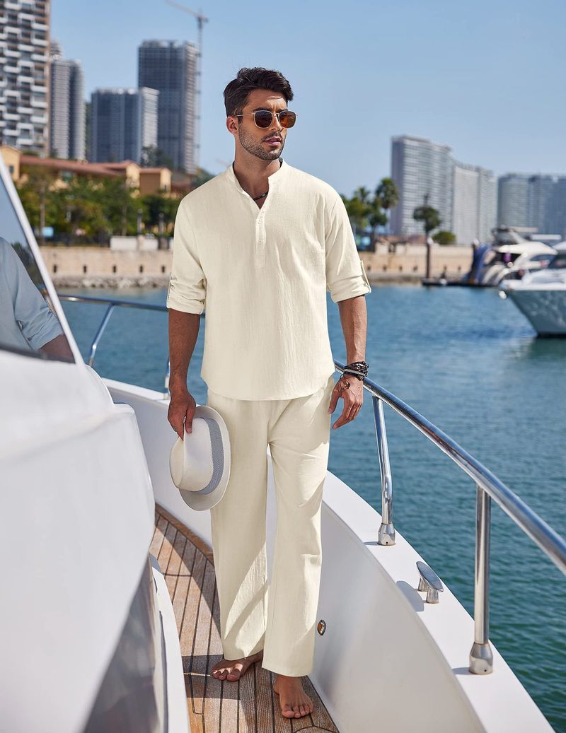Îmbrăcăminte bărbătească de toamnă Produse noi Cămașă cu mânecă lungă din bumbac și in, culoare solidă, casual, costum de trend_voghion.com