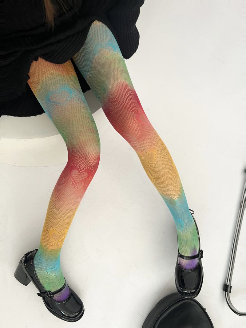 Silk Stockings Sweet Cool Color Rainbow Fishnet Stockings Personality Color Jacquard Fishnet Stockings Fashionable Gradient Personality Pantyhose_voghion.com