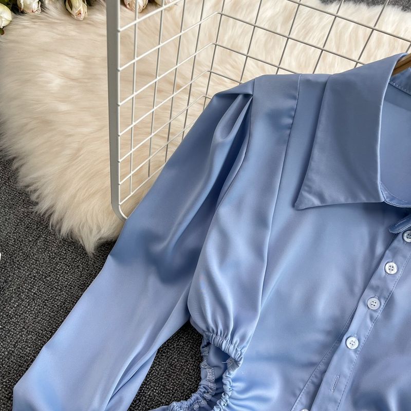 Women's Blue Pleated Shirt - Long Sleeve Slim Fit Waistless Top (Fashionable Niche Design)_voghion.com