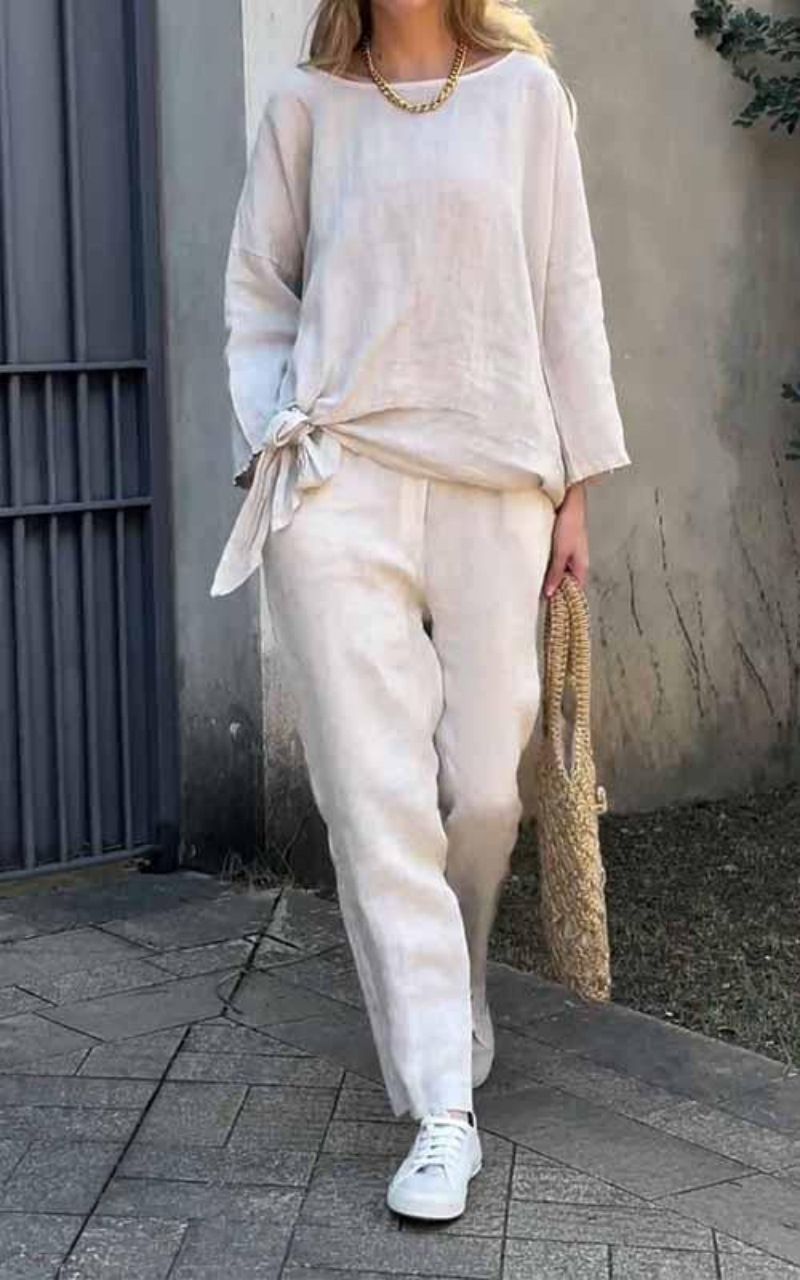 Damenbekleidung 2-teiliges Damen-Set in Übergröße, Hemdanzug aus Baumwolle und Leinen, hohe Taille, lockere Hose_voghion.com