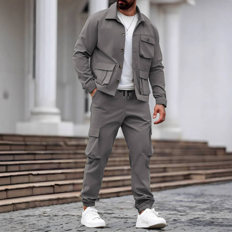 Vintage-Arbeitskleidungsset aus Jacke und Hose – Schwere Baumwollmischung, Utility-Outfit mit mehreren Taschen für Herren (S-XXXL)_voghion.com