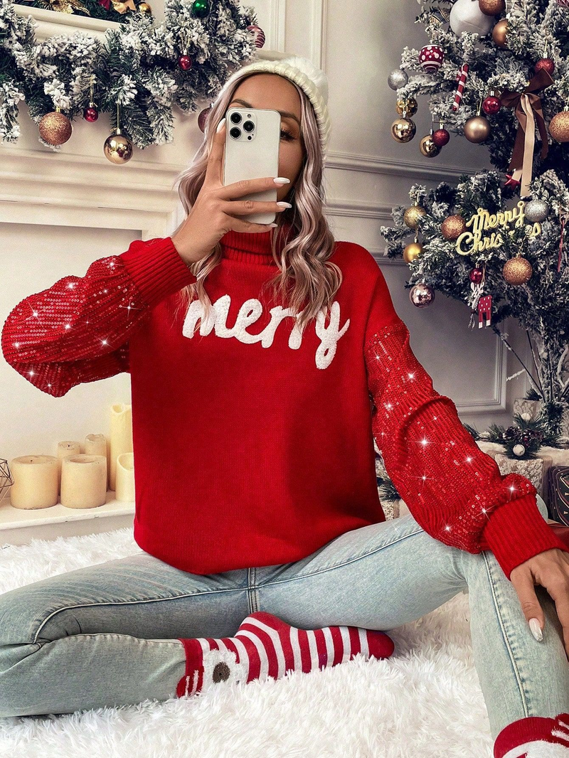 Maglione lavorato a maglia con collo alto e glitter per le donne - Top comodo e ampio per le feste di Natale, pullover casual a maniche lunghe_voghion.com