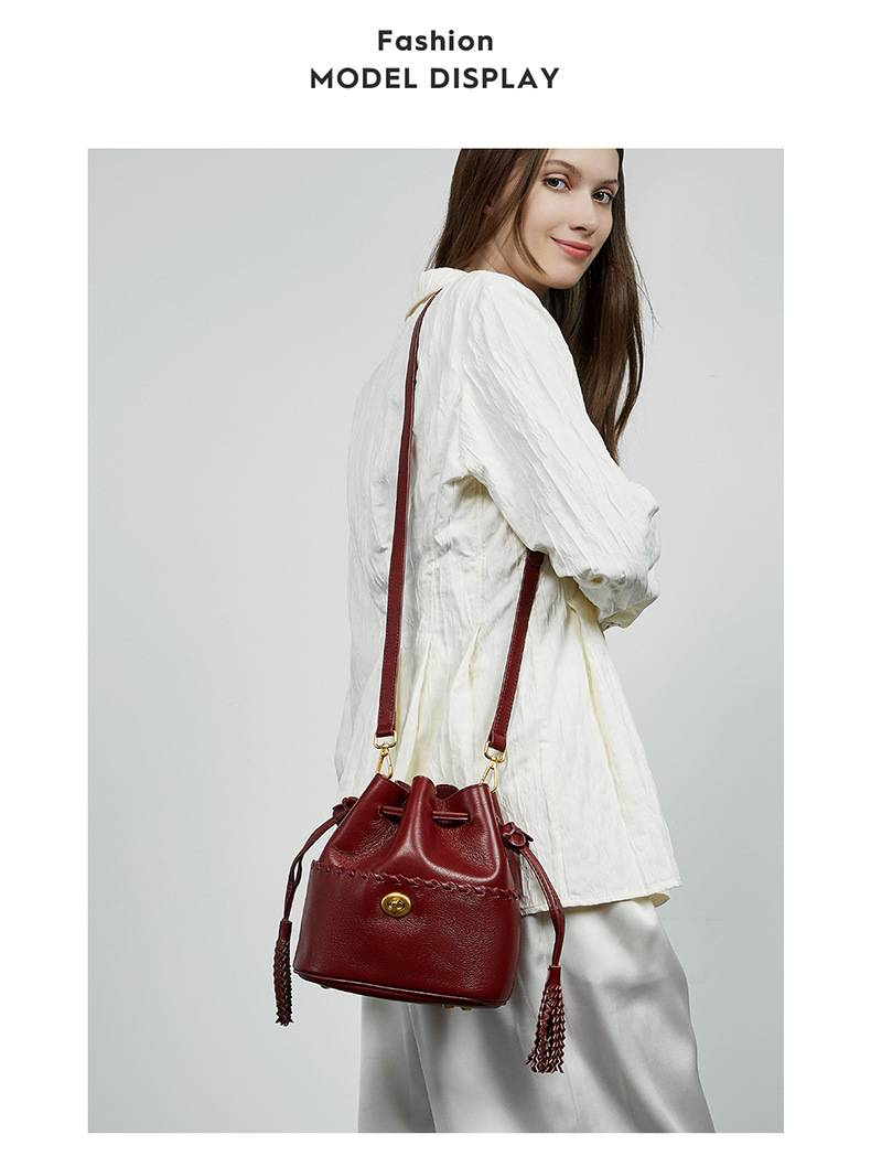 KOSE High-grade First-layer Cowhide Bucket Bag New Genuine Leather Women's Bag Tassel Niche Drawstring Shoulder Messenger Bag_voghion.com