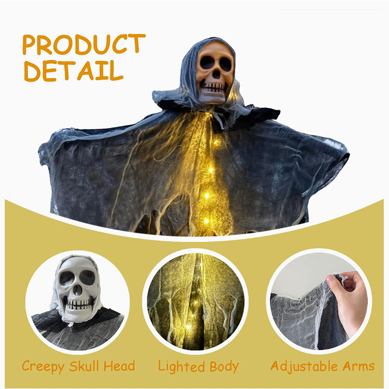 Glowing Skeleton Heads Hanging From The Outdoor Courtyard, Creating A Haunted Atmosphere With Ghostly Decorations For The Halloween Scene_voghion.com