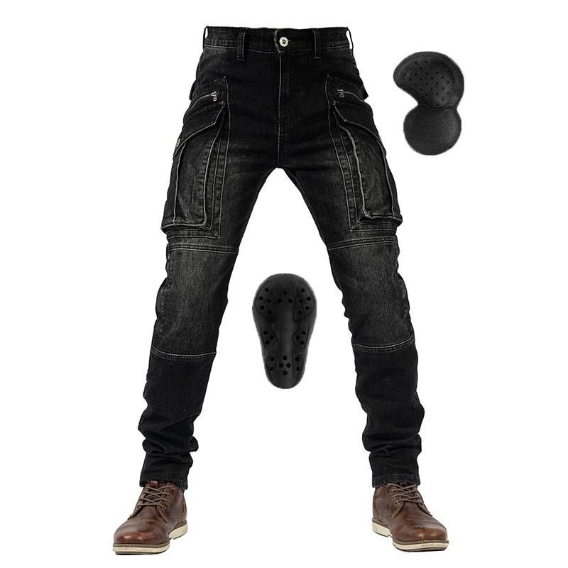Jeans da motociclista da uomo - Denim elasticizzato con tasche per protezioni sulle ginocchia, altamente resistenti all'abrasione per moto da strada e cruiser (blu/nero, S-XXXL)_voghion.com