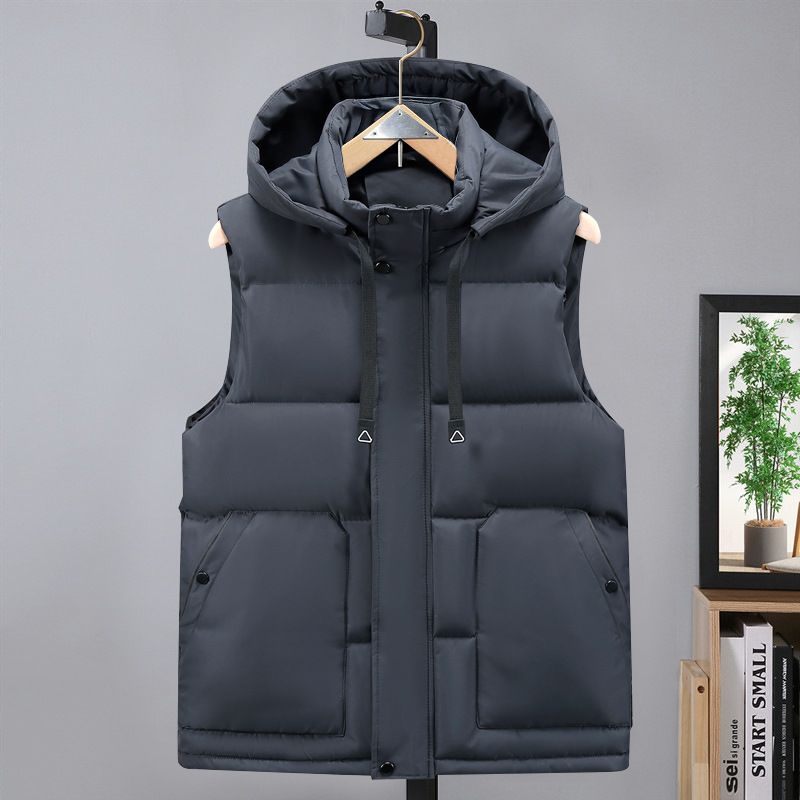 Herrenbekleidung Herren Winter Fleeceweste mit abnehmbarer Kapuze, verdickte warme ärmellose Jacke für Freizeit- und Arbeitskleidung (Schwarz/Grau)_voghion.com