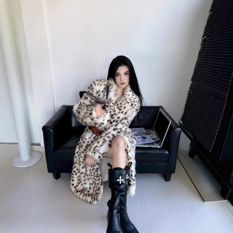 Women's Clothing Luxury Faux Fur Coat Women's Winter Long Leopard Print Jacket With Belt, Elegant Office Wear, Warm_voghion.com