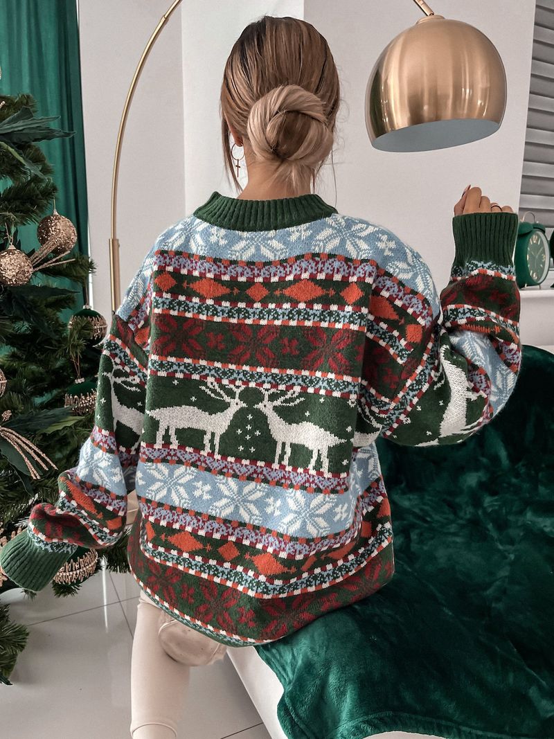 Women's Knit Long-Sleeve Sweater – Cozy Christmas & Autumn Winter Pullover, Loose Fit V-Neck, Polyester Blend, Printed Patchwork Design_voghion.com