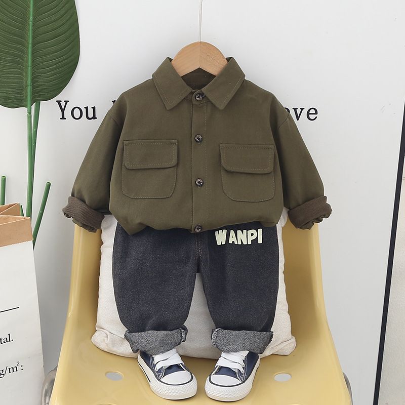 Abbigliamento per bambini primavera autunno 2025, edizione coreana, camicia casual a maniche lunghe, jeans, set da due pezzi, bello e_voghion.com