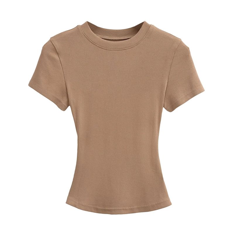 Maglietta estiva da donna sexy con scollo rotondo e maniche corte, tinta unita, con cuciture a vista_voghion.com