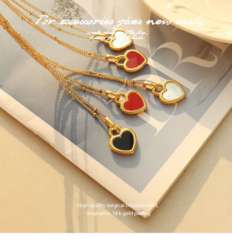 Women's Jewelry Exaggerated Love Heart Chain Necklace Black Beige Double Sided Pendant Retro Titanium Steel K Jewelry_voghion.com
