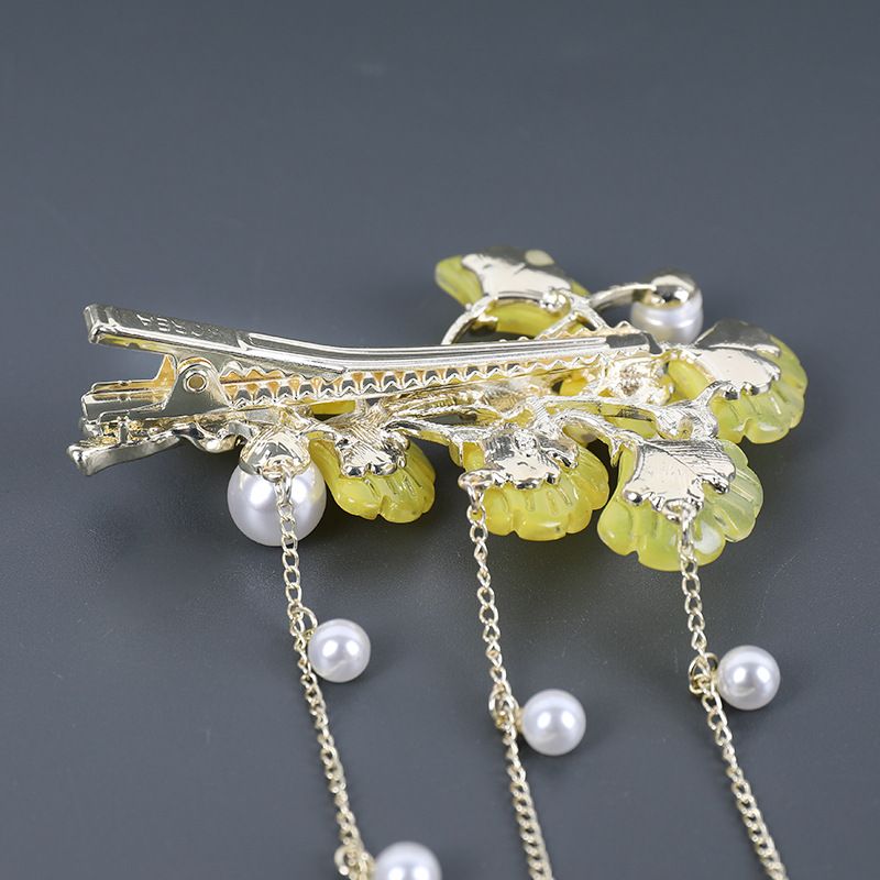 Frangia laterale per capelli con foglia di ginkgo, alla moda, con nappa di perle, fermaglio dritto a becco d'anatra_voghion.com