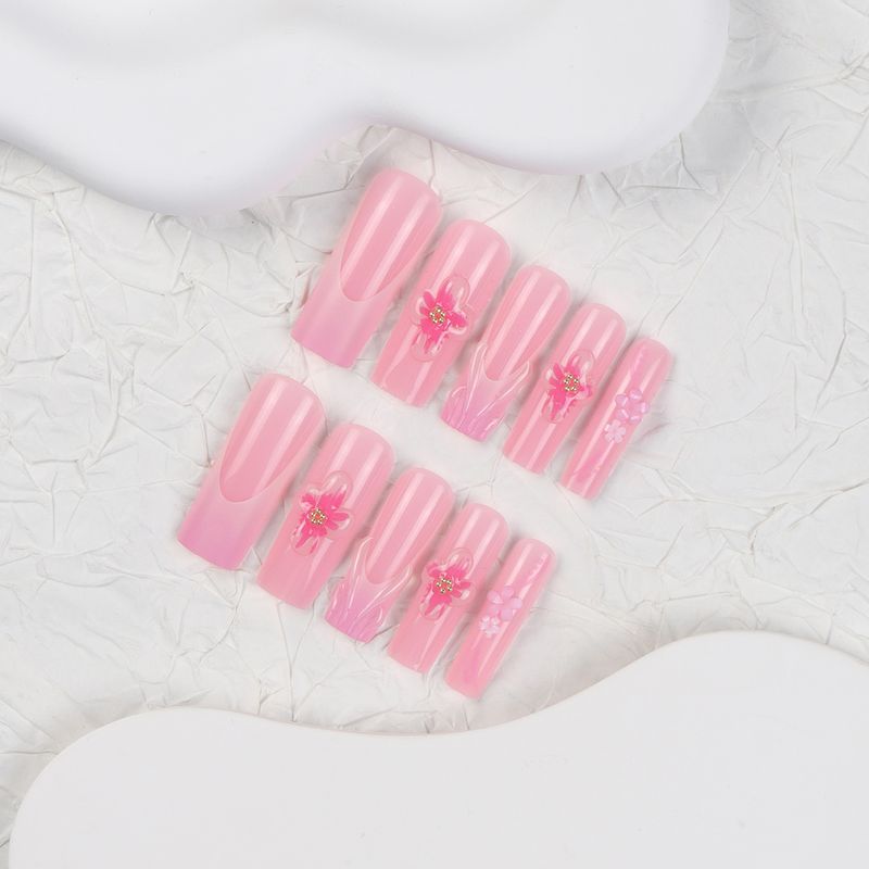 24pcs French Ombre Blush Nail Tips With 3D Stripes & Gold Flakes - Detachable Press-On Nails For Women, Sweet & Glamorous Design_voghion.com