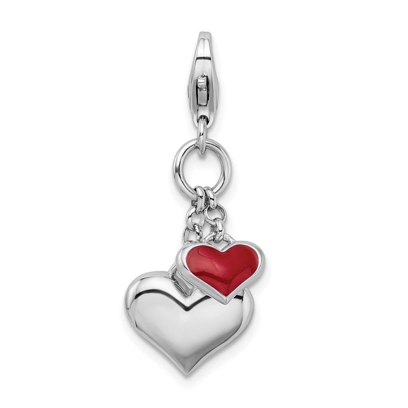 Amore La Vita Sterling Silver Rhodium-plated Polished 3-D Red Enameled Double Heart Charm With Fancy Lobster Clasp_voghion.com