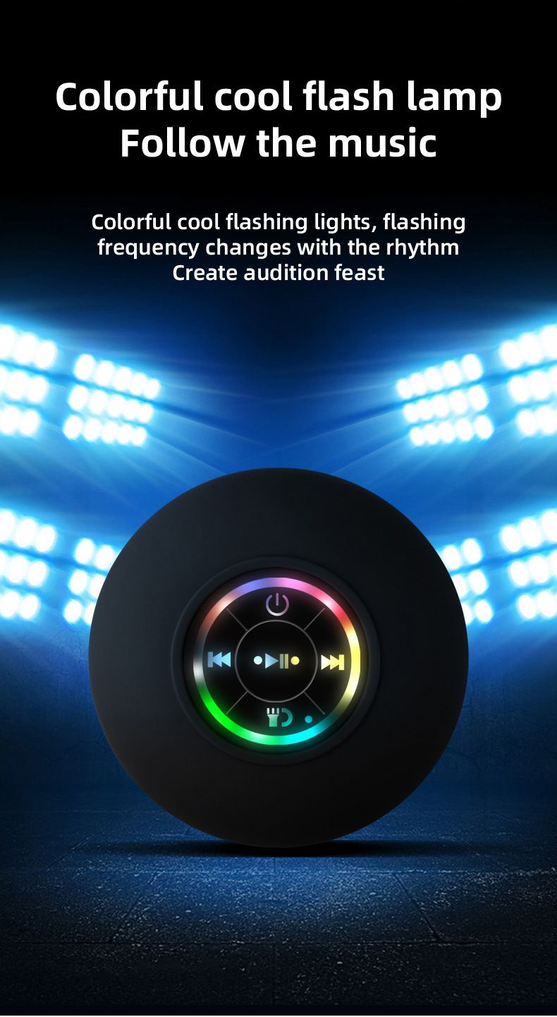 Alto-falante sem fio à prova d'água com grande ventosa, mini alto-falante estéreo portátil com luz LED_voghion.com