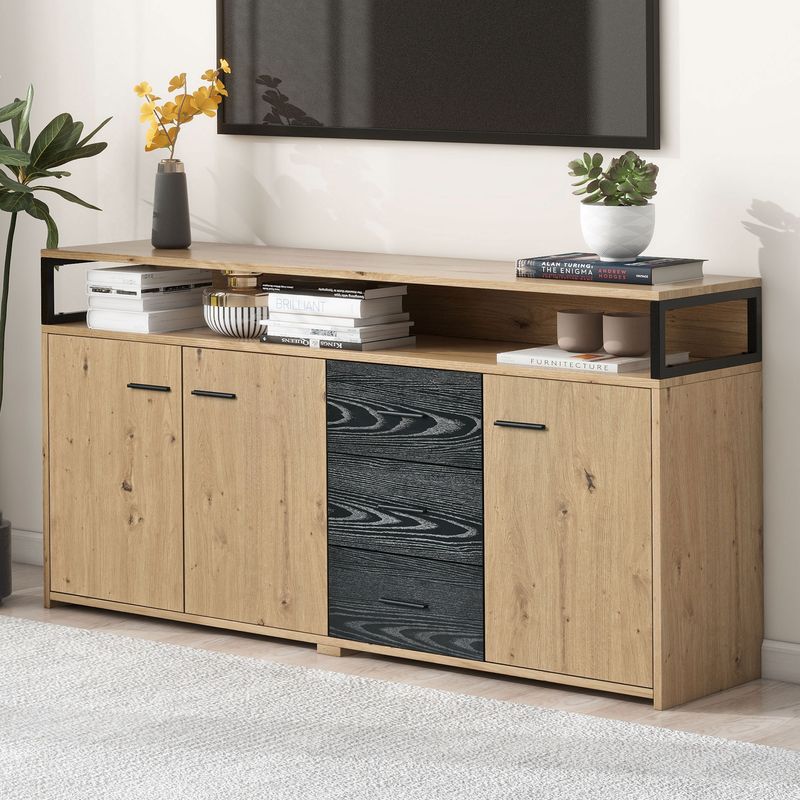Buffet industriel trois portes et trois tiroirs, meuble de rangement multifonctionnel avec poignées en métal, armoire de cuisine, meuble de rangement pour chambre, salon et bureau, 150 x 35 x 75,9 cm_voghion.com