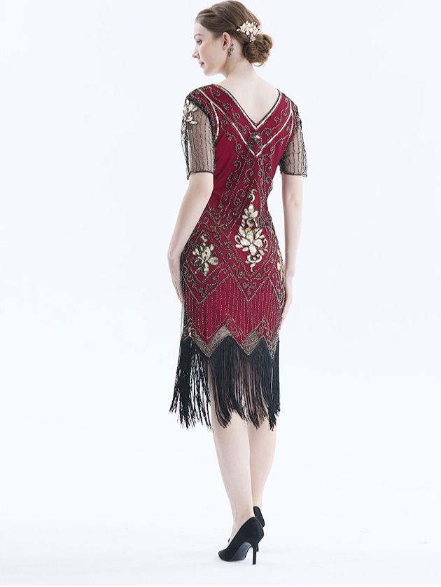 K Abendkleid, neues handgesticktes Paillettenkleid, Partykleid, V-Ausschnitt, kurzärmeliges Kleid. Keine Handschuhe, Halskette usw._voghion.com