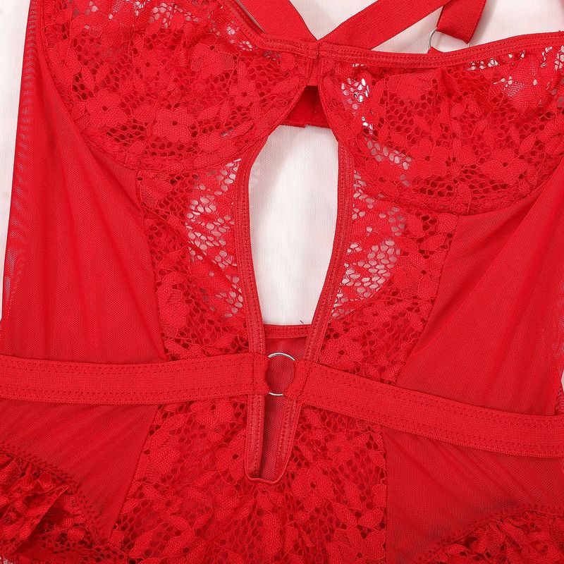 Lingerie sexy une pièce en dentelle brodée dos nu à trois points pour femmes_voghion.com