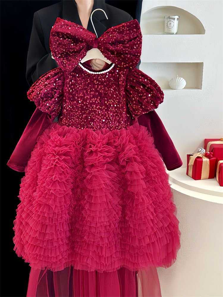 Abbigliamento per bambini Capodanno Natale Autunno e inverno Ragazze Gonna rossa con paillettes Abito di alta qualità Fiocco Fiore Ragazza Temperamento Tutu Gonna a ruota_voghion.com
