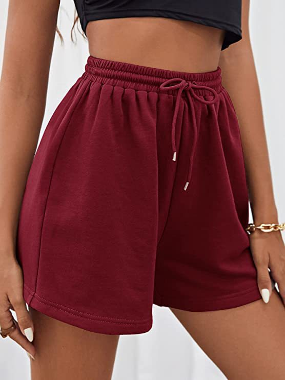 Abbigliamento da donna Pantaloncini larghi casual legati in maglia sportiva in tinta unita_voghion.com