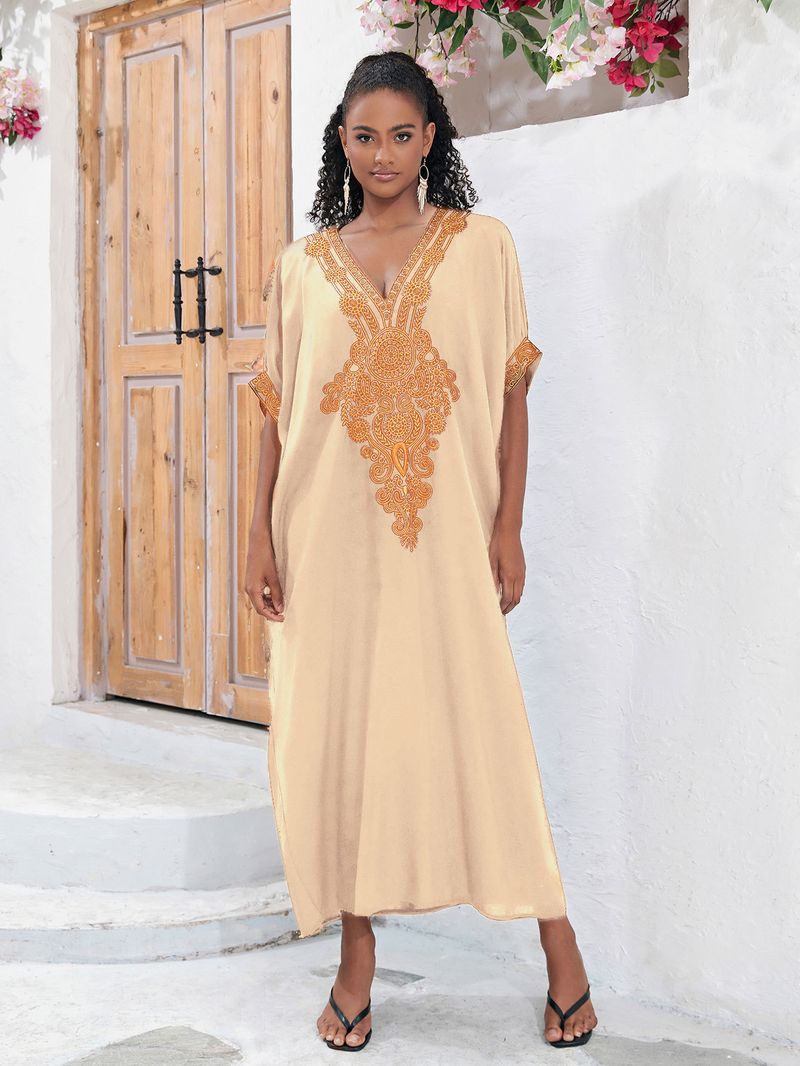 Maxikleid aus Baumwolle mit Stickerei, Strand-Überwurf-Tunika mit Blumenmuster – leicht und fließend für Damen_voghion.com
