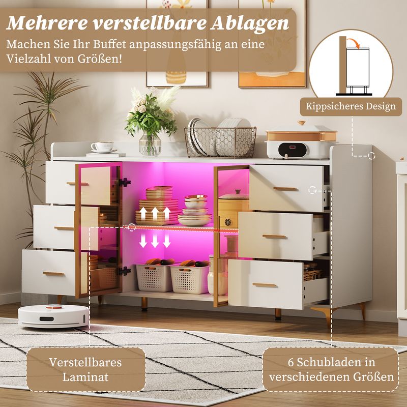 Küchenschrank Weiß 160x87cm, 6 Schubladen, Glastüren, LED-Beleuchtung, Goldgriffe_voghion.com