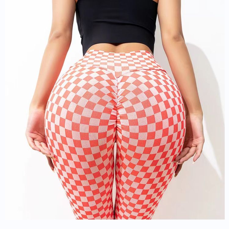 Pantalon de yoga Yiwu à carreaux imprimés multicolores pour femmes, pantalon froissé, rehausseur de hanches, amincissant, à séchage rapide, best-seller_voghion.com