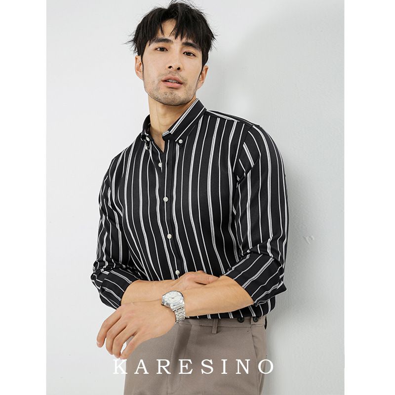 Camicia a righe di alta qualità, versione coreana, abbigliamento formale da uomo, camicia a maniche lunghe antipiega e anti-stiro._voghion.com