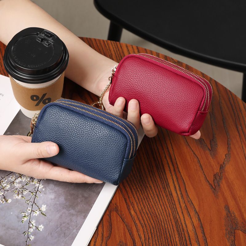 Small Three-Layer Zipper Wallet Stylish Women's Purse New Genuine Leather Compact Coin Bag Key Holder_voghion.com