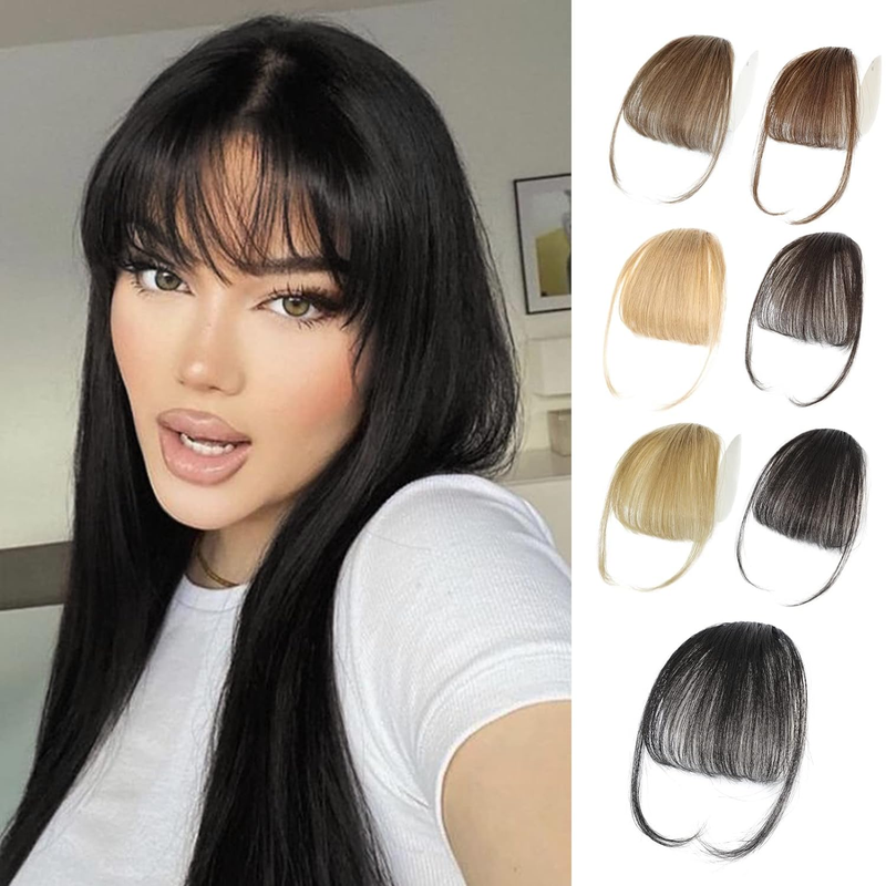 Clip in Bangs 100% Human Hair Extensions Medium Brown on Fringe with nice net Natural Flat neat Temples for_voghion.com
