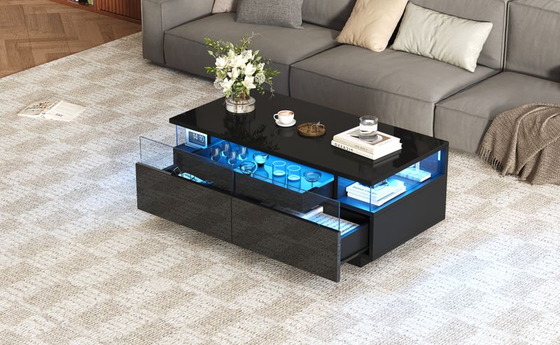 Table basse noire brillante 90 x 45 x 35,5 cm avec éclairage LED, table d'appoint en verre trempé avec 2 tiroirs et plateau pour salon_voghion.com