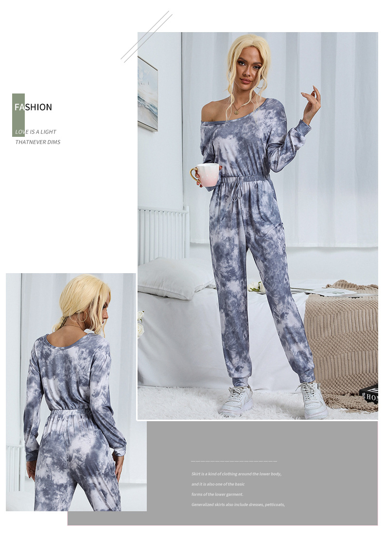 Dameskleding onafhankelijke station spot kleding tie-dyed ronde hals lange mouwen trekkoord broek jumpsuit_voghion.com