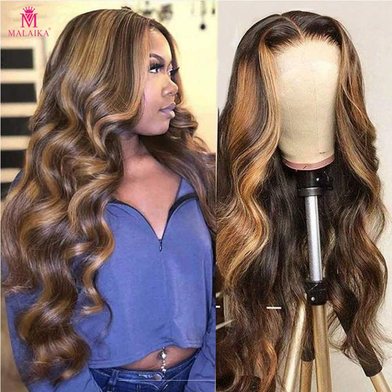 Destaque ombre peruca dianteira do laço cabelo humano 13x4 perucas dianteiras do laço cabelo humano mel loira destaque 180% densidade 4/27 onda do corpo peruca dianteira do laço cabelo humano_voghion.com