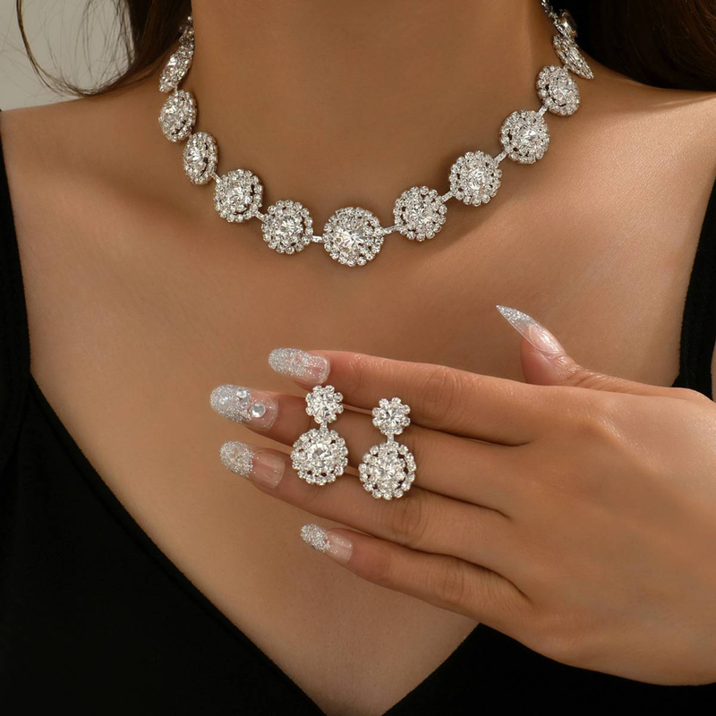 2 STÜCKE Beliebte Schmuck-Set Luxus Hochzeit Party frauen Schmuck Runde strass Halskette Ohrring Set_voghion.com