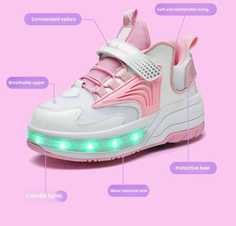 Children's runaway shoes Girls' automatic pulley sneakers Boys' children's mother and child with wheels sneakers Adult double-wheel deformation skates_voghion.com
