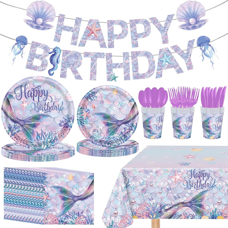 Fournitures de fête d'anniversaire sirène Princesse Anniversaire d'enfants Thème sous-marin Ensemble de nappes en papier jetables_voghion.com