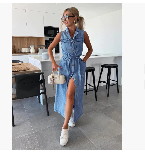 Abito lungo senza maniche con lacci in vita e monopetto in denim da donna, nuovo, NZ88_voghion.com
