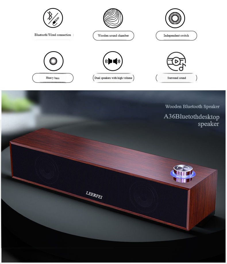 E350MB Wired & Bluetooth Multimedia Speaker - Wooden Desktop Soundbar With Deep Bass (PC/Laptop Compatible, Long Strip Design)_voghion.com