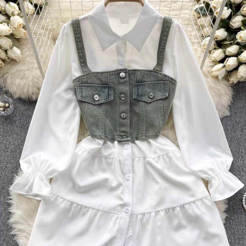 Completo da donna in due pezzi, gilet corto in denim retrò, alla moda e versatile, di media lunghezza_voghion.com