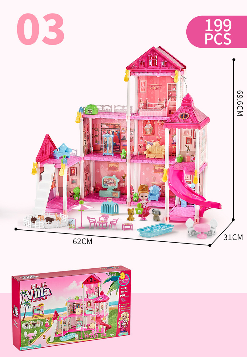Mutter & Kinder Prinzessinnenschloss Spielhaus Spielzeug Mädchen DIY Puppenhaus Pool Balkon, Mehrzimmer Villa Spielset, Rollenspiel Geschenk für Kinder (2 Etagen, 4 Zimmer)_voghion.com