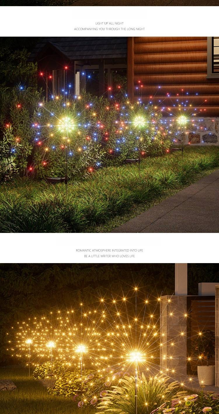 Oświetlenie solarne fajerwerków, dekoracja ogrodu, wodoodporne girlandy świetlne LED do patio, ogrodu i oświetlenia krajobrazu (ciepła biel/wielokolorowe)_voghion.com