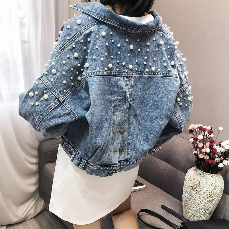 Damenbekleidung Verzierte Jeansjacke mit Strasssteinen, kurzer Cropped-Stil, Fledermausärmel, Used-Look, lässig & schick_voghion.com