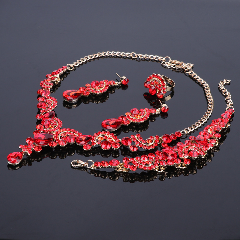 Luxuriöse Statement-Halskette, Ohrringe, Armband, Ring, Schmucksets für Frauen, Kristall-Lätzchen, goldfarbene Kette, Brautschmuck_voghion.com