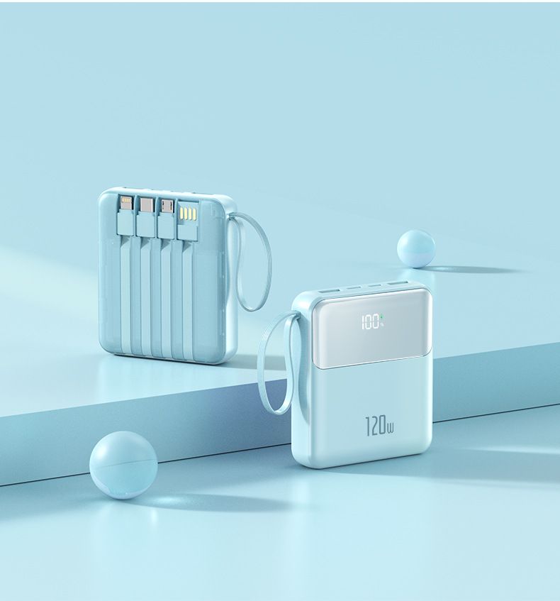 120 W ultraschnelle Lade-Powerbank 20000 mAh, 4-in-1 integrierte Kabel (USB-C/Lightning/Micro-USB/USB-A), tragbares PD3.0-Ladegerät_voghion.com