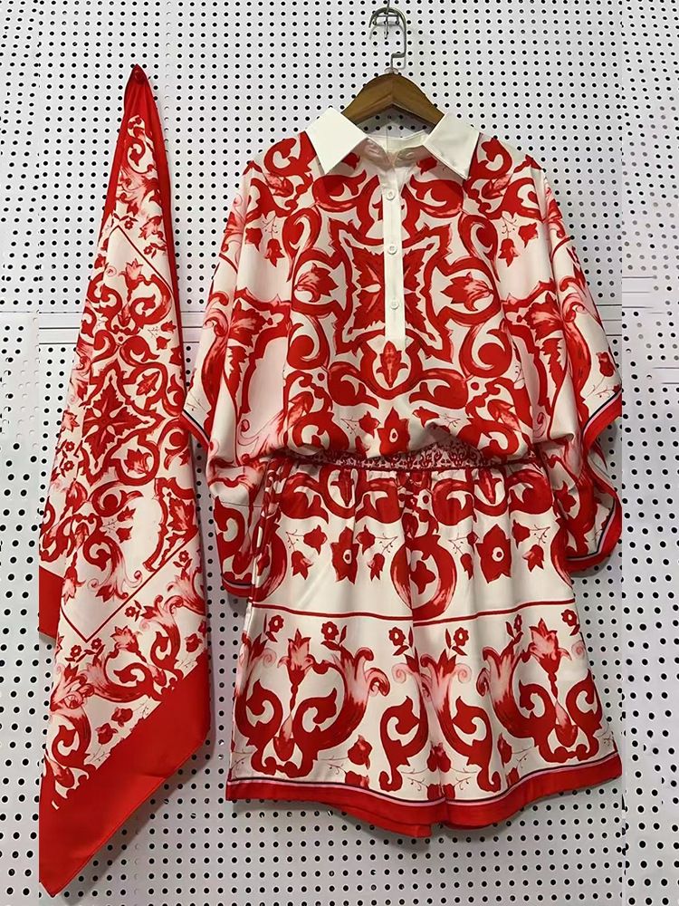 Vêtements pour femmes, pull à revers à imprimé géométrique rétro, costume deux pièces, short à jambes larges, costume tendance_voghion.com